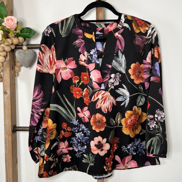 J Crew V Neck 3/4 Sleeve Blouse Black Floral Size Small - Picture 2 of 6